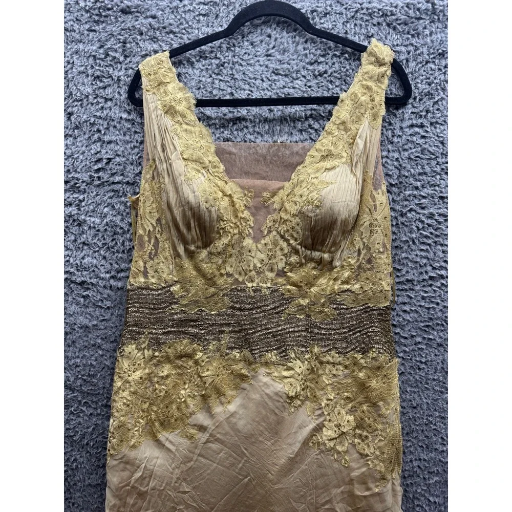 Alberto Makali Silk & Sequin Sleeveless Long Evening Gown Gold Womens Size 14